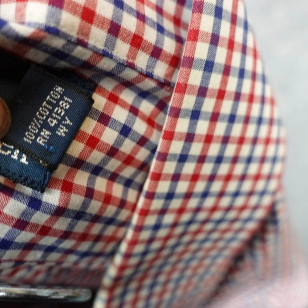POLO RALPH LAUREN Gingham Shirt Mens 17.5 XL Blue Red Regent Custom Vintage